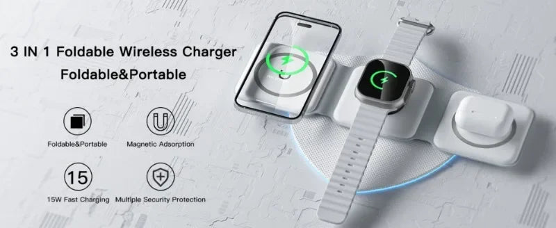Cargador Inalámbrico Plegable 3 en 1 de Carga Rápida para Escritorio, Compatible con iPhone 17 16 15 14 13 Pro Max, iWatch 10 9 8 7 6, AirPods Pro 2