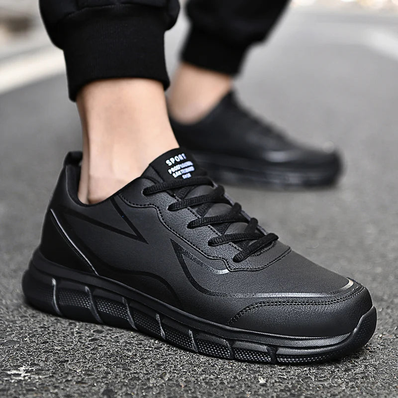 YRZL, zapatillas para correr negras, zapatillas deportivas impermeables de cuero, zapatillas deportivas resistentes al desgaste para hombres, zapatos deportivos para caminar, zapatos cómodos para hombres