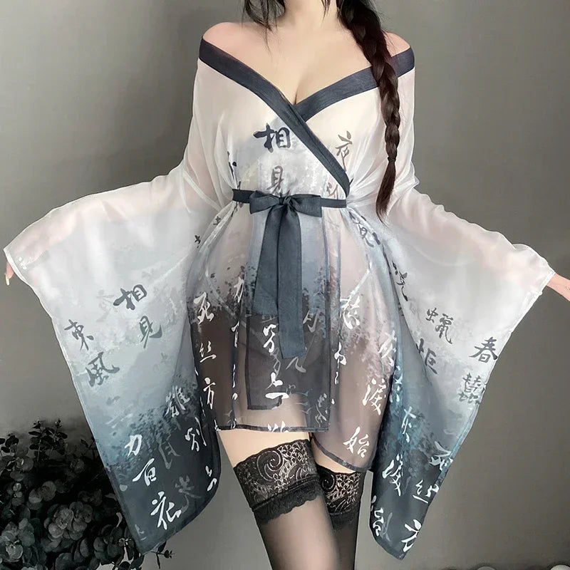 Albornoz de una pieza con estampado de Kimono japonés para mujer, ropa de dormir Sexy, Pijamas informales de manga holgada, conjuntos de bata