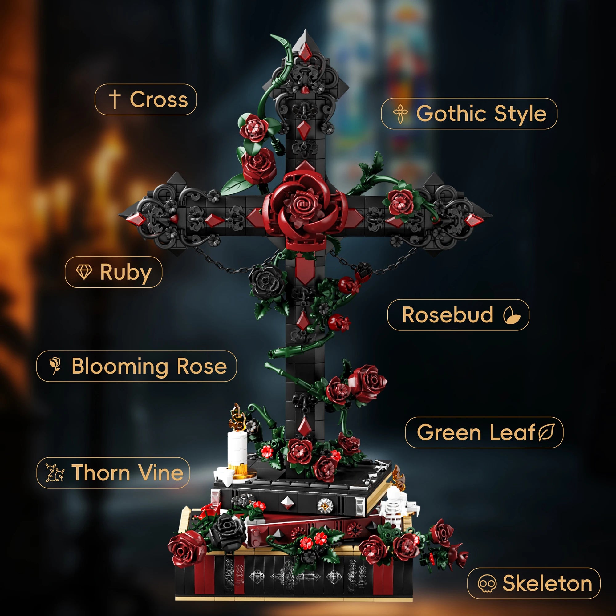 K70005 Juguetes de ensamblaje modelo Gothic Rose Cross, juguetes de bloques de construcción MOC, adorno de escritorio, juguetes educativos, regalo de cumpleaños para adultos