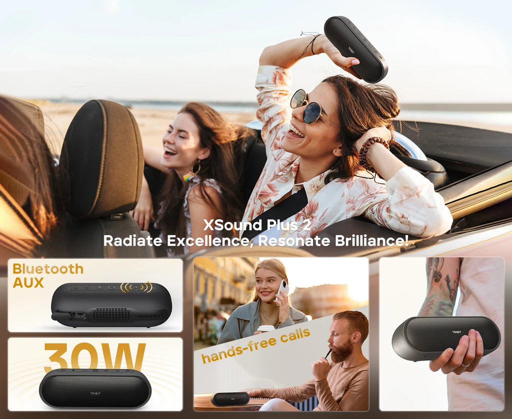 Altavoz Inalámbrico Portátil Tribit XSound Plus 2, 30W XBass, IPX7, 24 Horas de Reproducción, Sonido Estéreo, Micrófono Integrado para Viajes y Campamentos