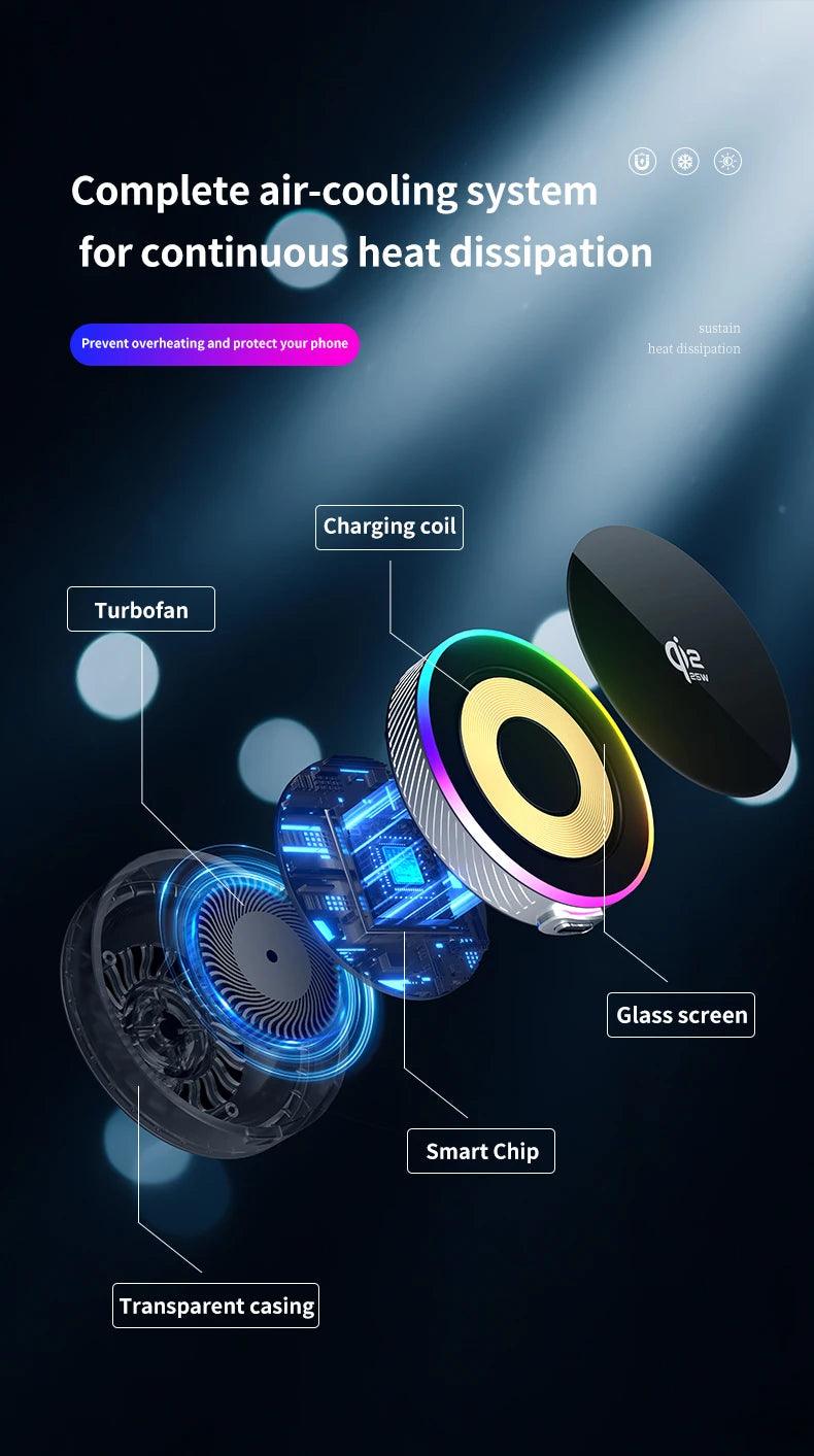 Soporte Magnético para Teléfono con Cargador Inalámbrico Qi2 de 25W, Refrigeración por Aire y Luz RGB, para iPhone Magsafe 17~12 Pro Max, Base de Carga Rápida