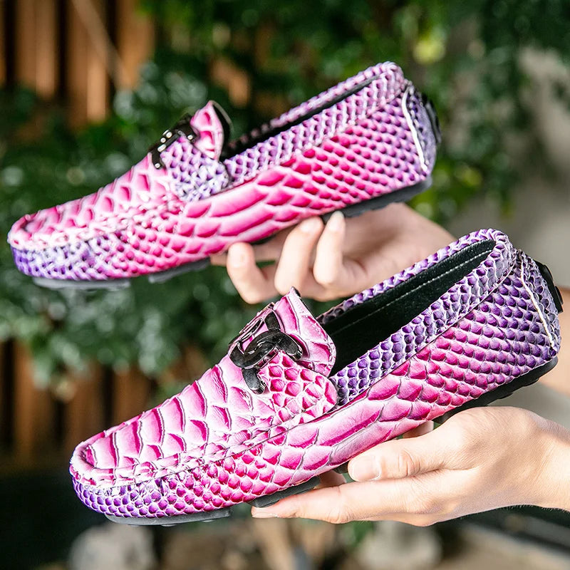 Mocasines de cuero con estampado de serpiente para hombre