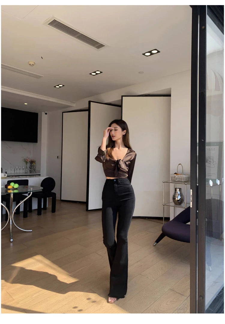 Pantalones Vaqueros Acampanados de Cintura Alta con Forro Polar para Mujer, Talla Grande