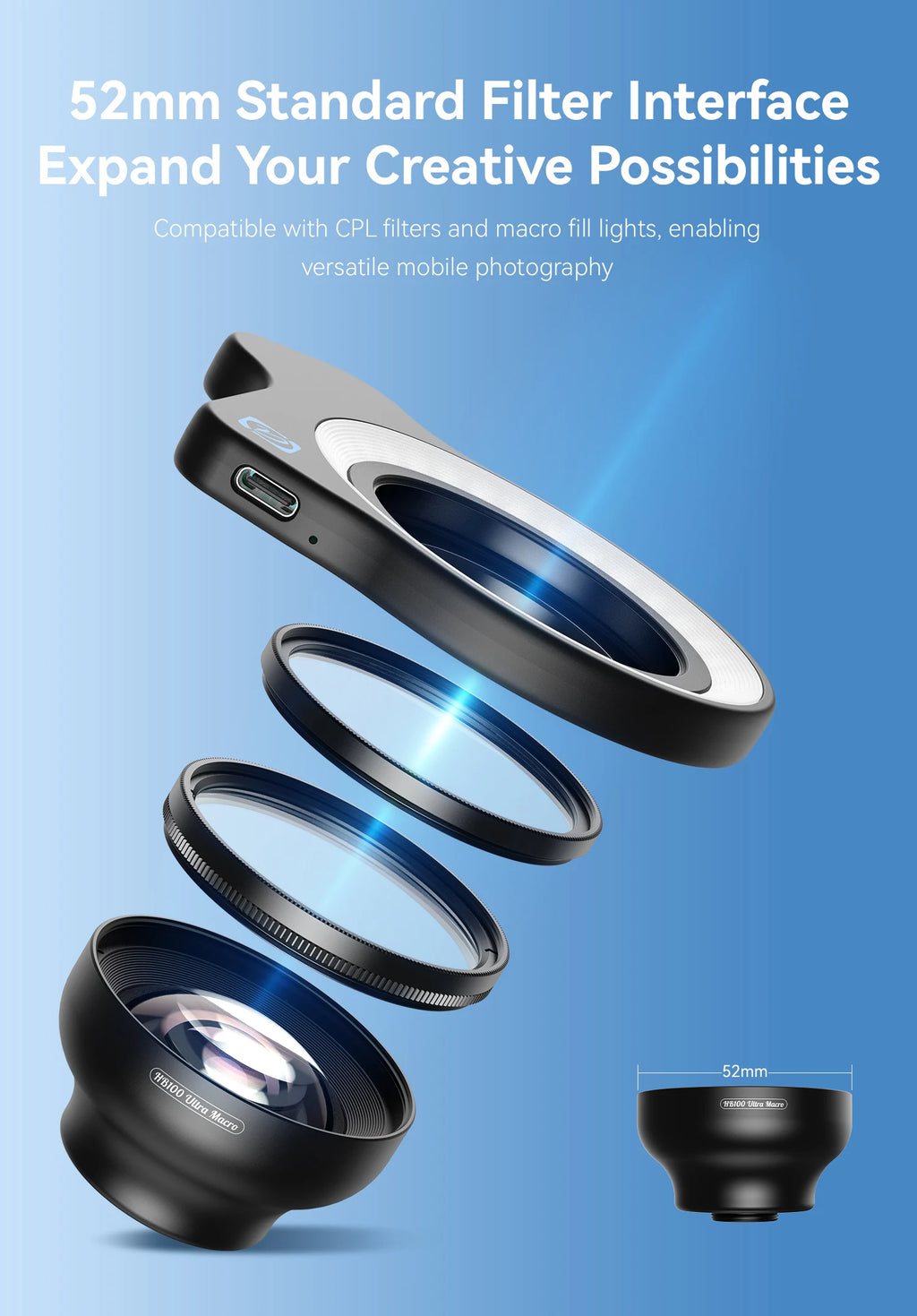 Lente Macro Ultra HD APEXEL 100mm con Luz LED y Filtros para Smartphones
