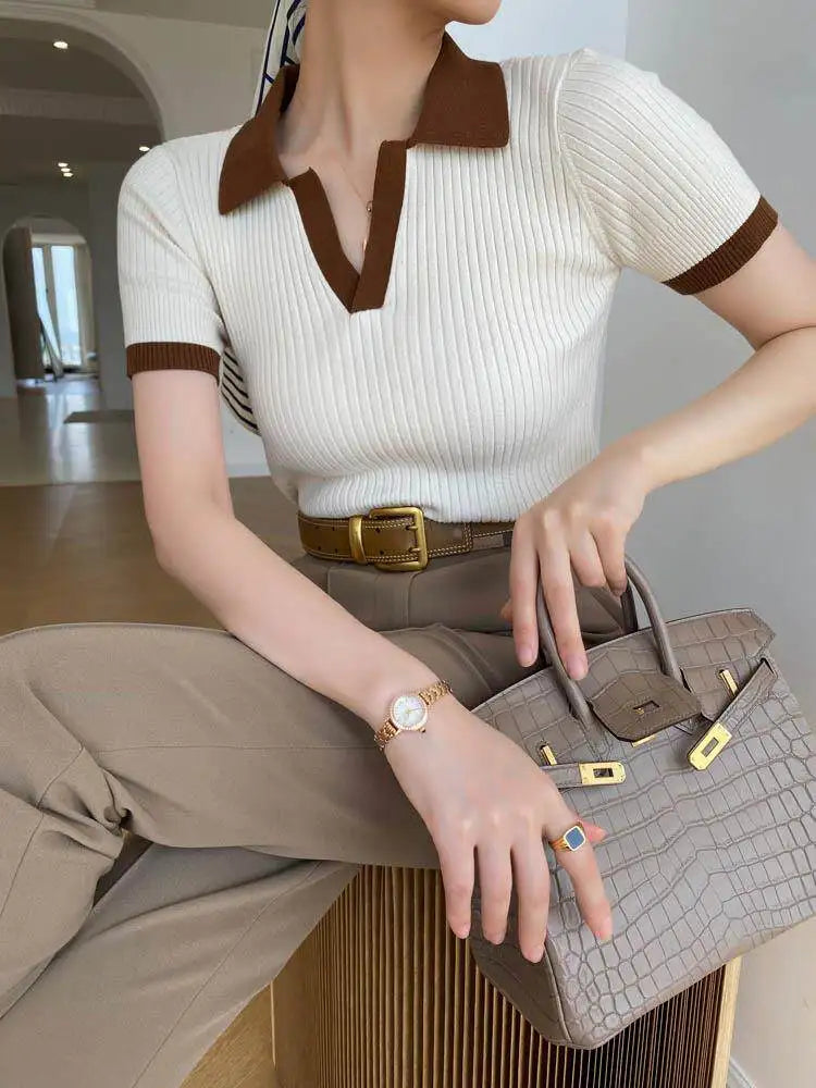 Camiseta Polo de Verano para Mujer Estilo Francés