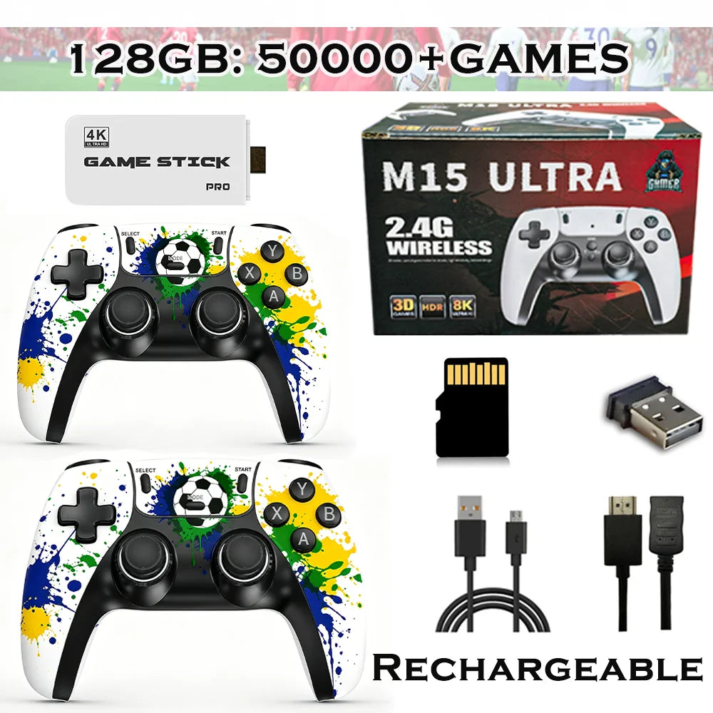 Consola retro 4K HDMI con 64 GB/128 GB, más de 50 000 juegos, mandos inalámbricos duales de 2,4 G, Plug and Play, compatible con PS1, Sega Arcade, GBA, MD, TV doméstica, 2 jugadores, ideal para familias y niños.