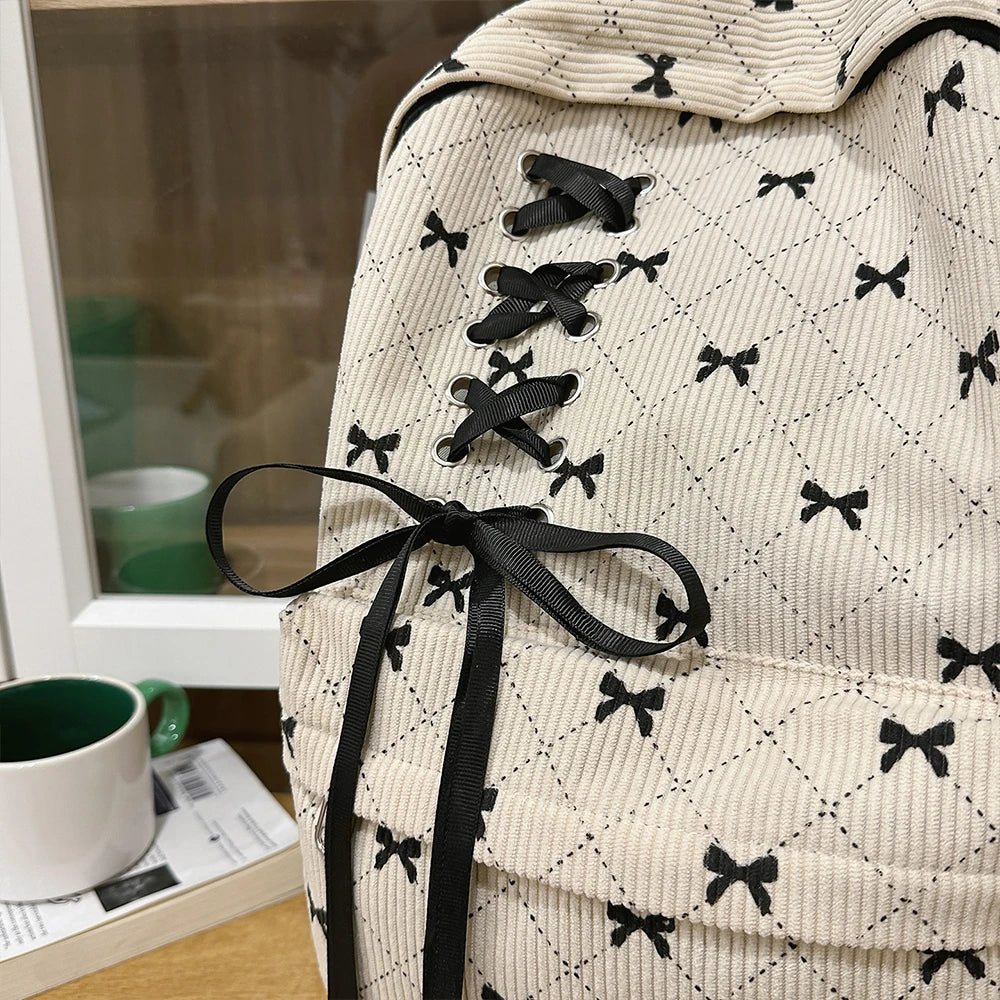 Mochila de Ocio, Mochila de Pana con Lazo para Primavera y Verano, Mochila de Gran Capacidad Estilo Universitario, Mochila para Viajar al Trabajo