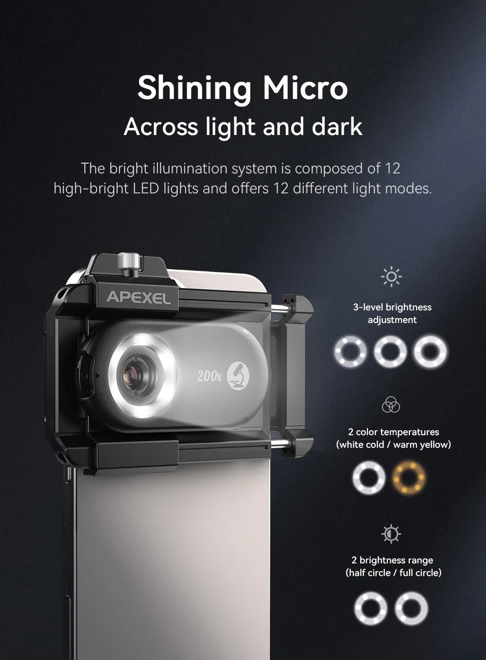 Lente Microscopio APEXEL 100X-200X 3en1 para Teléfono con LED