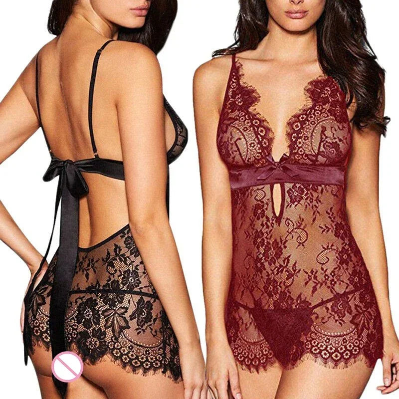 Babydoll de Encaje Transparente con Espalda Descubierta para Mujer
