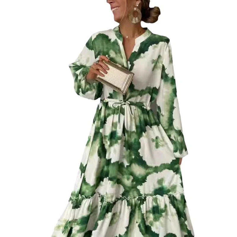 2024 verano elegante mujeres Maxi vestidos moda estampado verde manga larga cuello en V ajuste de cintura Vestido largo Mujer Vestido de fiesta