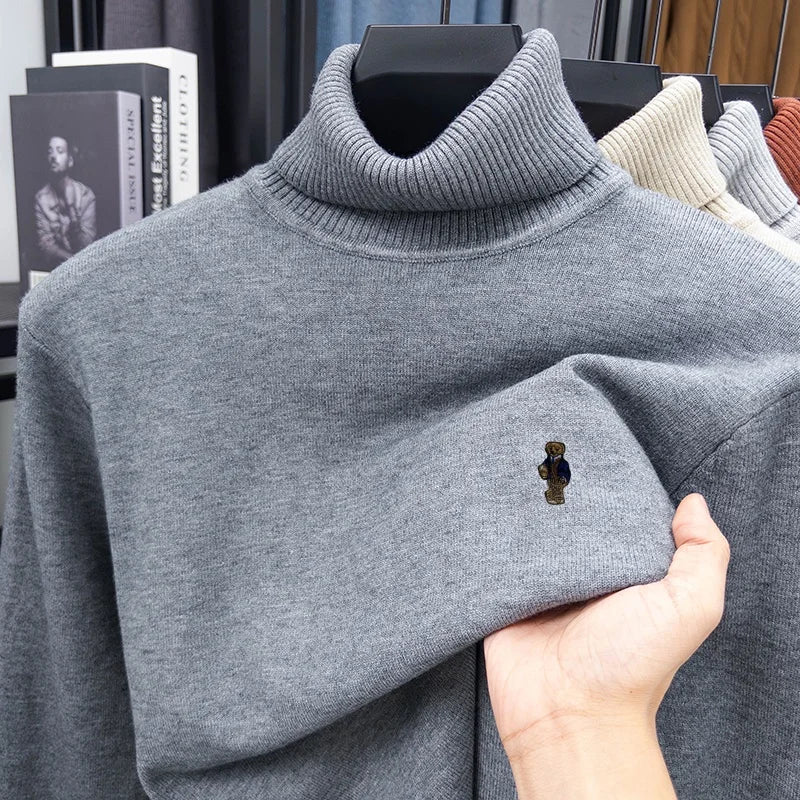 Suéter de Punto de Manga Larga para Hombre, Diseño de Alta Gama, Estampado de Oso, Cuello Alto, Estilo Informal, Versátil, Cálido y Moderno