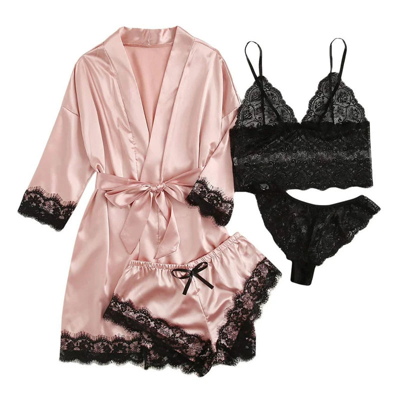 Conjunto de Pijama Sedoso con Encaje para Mujer - Camisón Sexy
