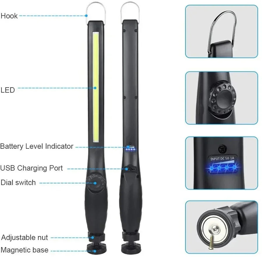 Lámpara de Trabajo LED COB Magnética Portátil Recargable 800 Lúmenes