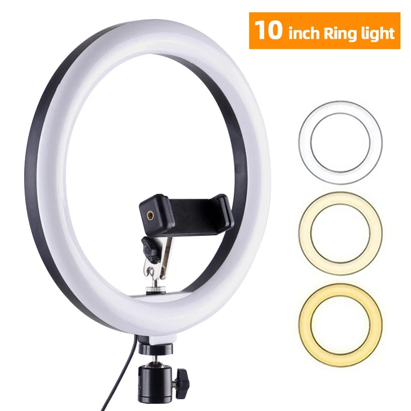 Anillo de luz LED para Selfie de 10 ", anillo de luz Led regulable para fotografía con trípodes, Mini soporte para teléfono para vídeo Vlog, lámpara de relleno para maquillaje en vivo