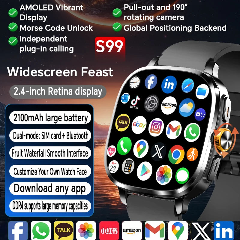 S99 Smartwatch 5G con pantalla Amoled de 2,4 pulgadas 900W cámara giratoria WIFI GPS posición brújula NFC Bluetooth reloj inteligente hombres mujeres