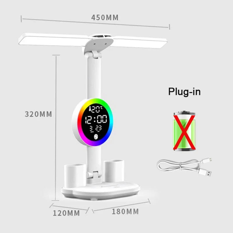 Lámpara de Mesa LED con Ventilador, Reloj y Pantalla Integrada