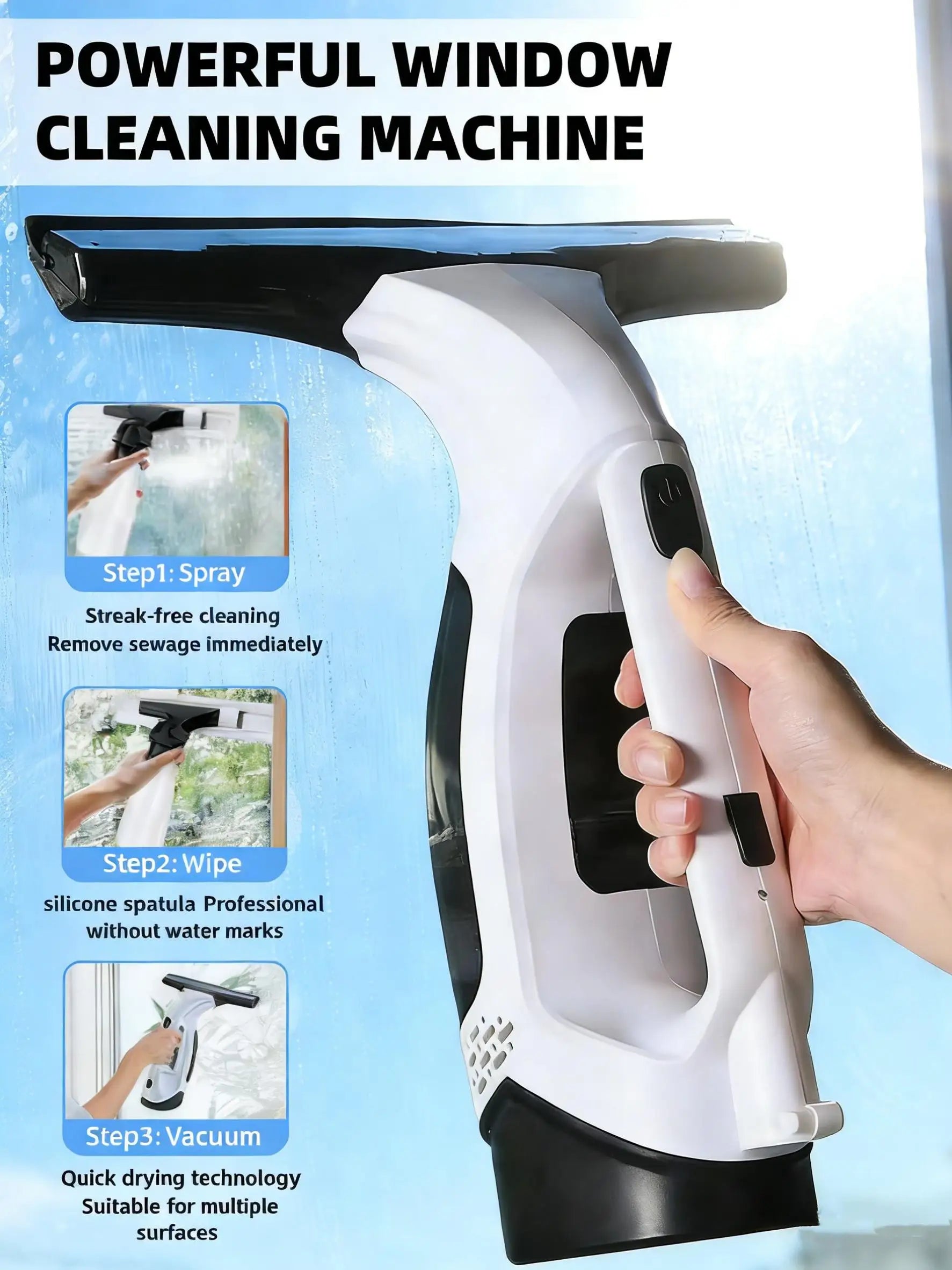 Limpiador de Vidrios Tres en Uno, Kit de Herramientas para Limpiar Ventanas, Raspador para Limpiar Paredes de Cocina y Escritorios, Máquina Limpiadora de Ventanas con Fuerte Succión