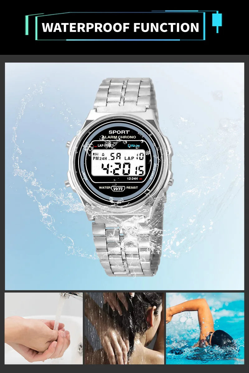 Reloj electrónico LED informal para mujer, correa Retro de acero inoxidable, reloj Digital LED para mujer, reloj de pulsera deportivo multifunción