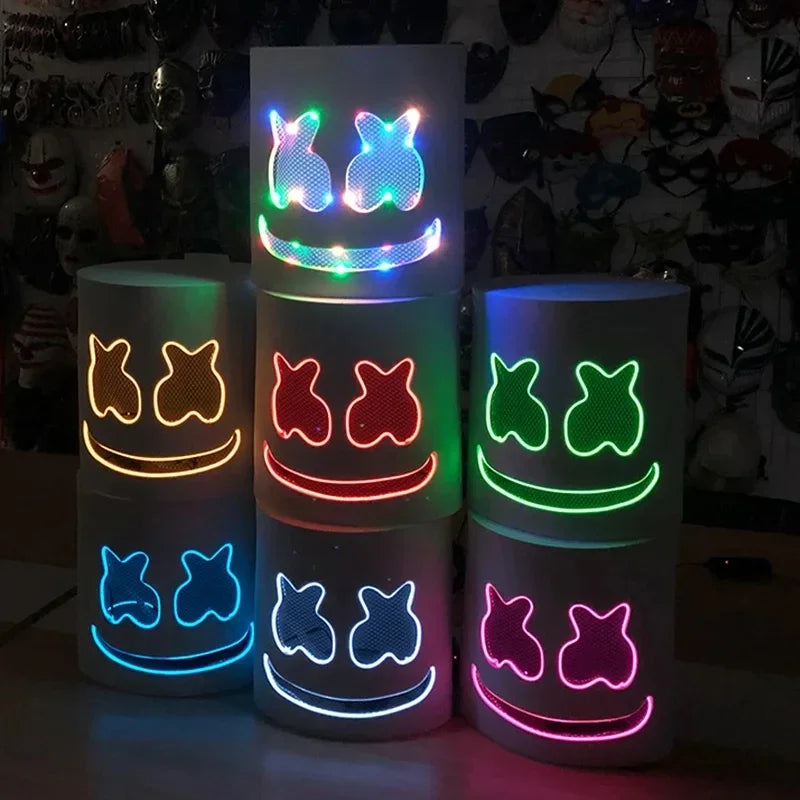 Máscara iluminada de Halloween, cara completa, LED, máscara de malvavisco de neón, tocado luminoso, accesorios para festivales de música DJ, máscara de fiesta Rave Cosplay