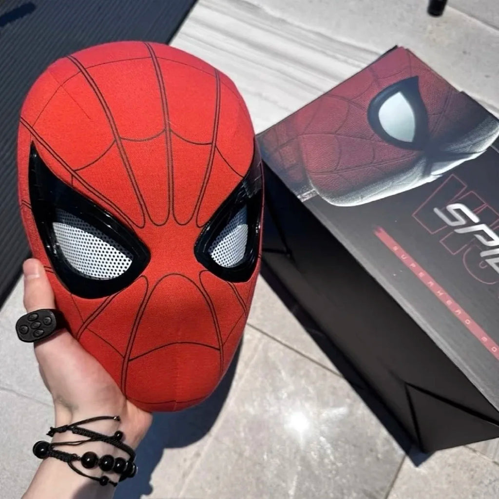 Máscara de Spiderman con ojos de Control remoto móvil, máscara de Spiderman Peter Parker, máscara de disfraz de Halloween, Material de tela de LICRA
