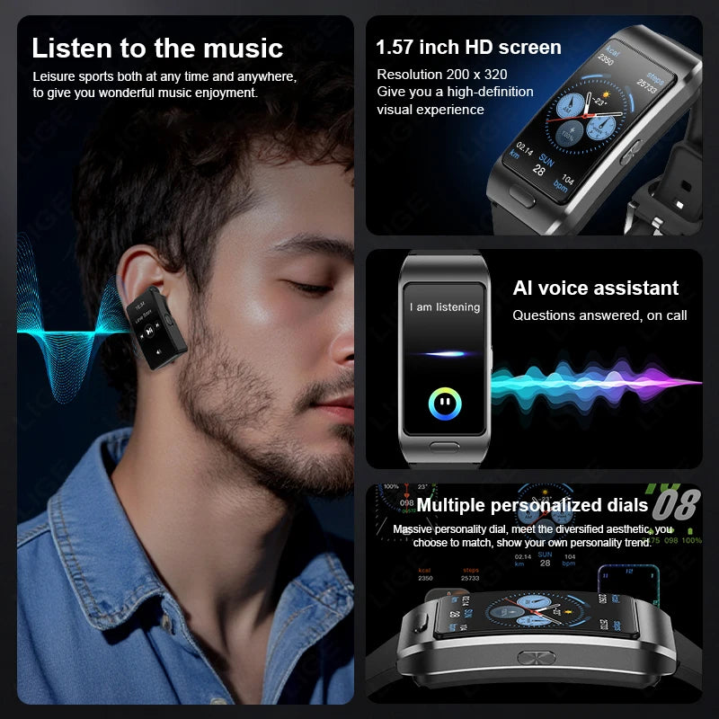 Reloj inteligente LIGE 2 en 1 TWS auriculares 1,57 "hombres mujeres GPS deportes Fitness ECG relojes de ritmo cardíaco Bluetooth llamada música Smartwatch