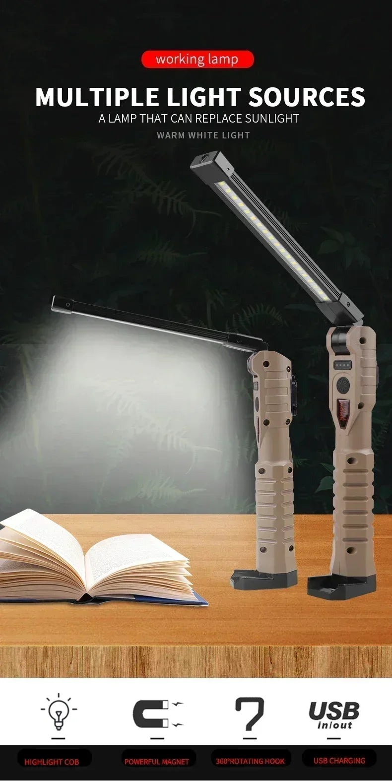 Lámpara de Trabajo Plegable USB Magnética para Camping