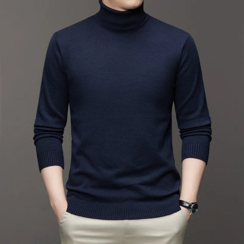 2025 nuevos suéteres de punto para hombre, jerseys transpirables de cuello alto de Color sólido, ropa de calle básica cálida para exteriores, Tops de negocios de otoño