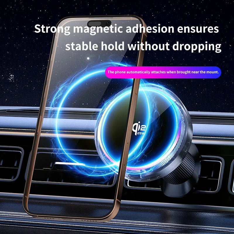 Soporte Magnético para Teléfono con Cargador Inalámbrico Qi2 de 25W, Refrigeración por Aire y Luz RGB, para iPhone Magsafe 17~12 Pro Max, Base de Carga Rápida