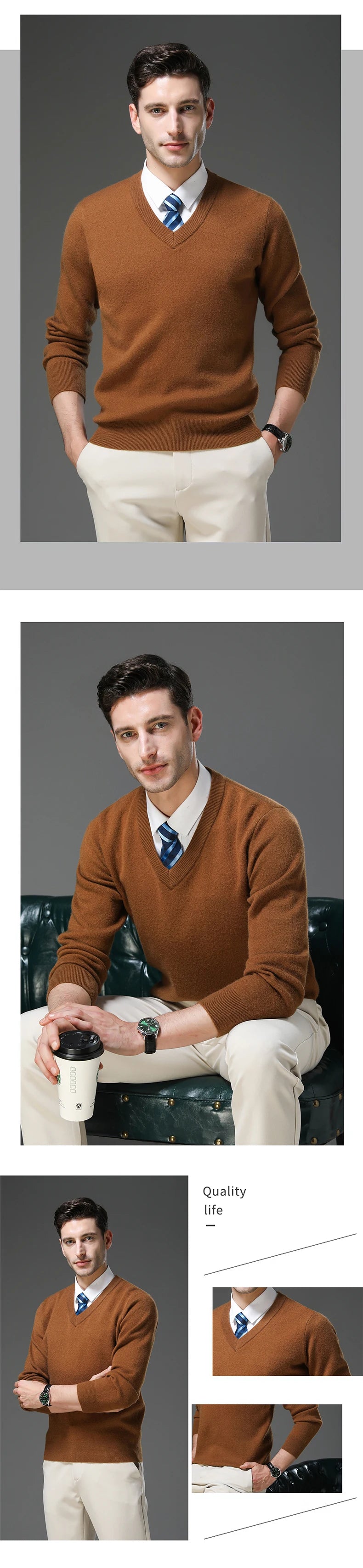 Suéter de Punto Grueso Antipilling para Hombre - Cuello en V