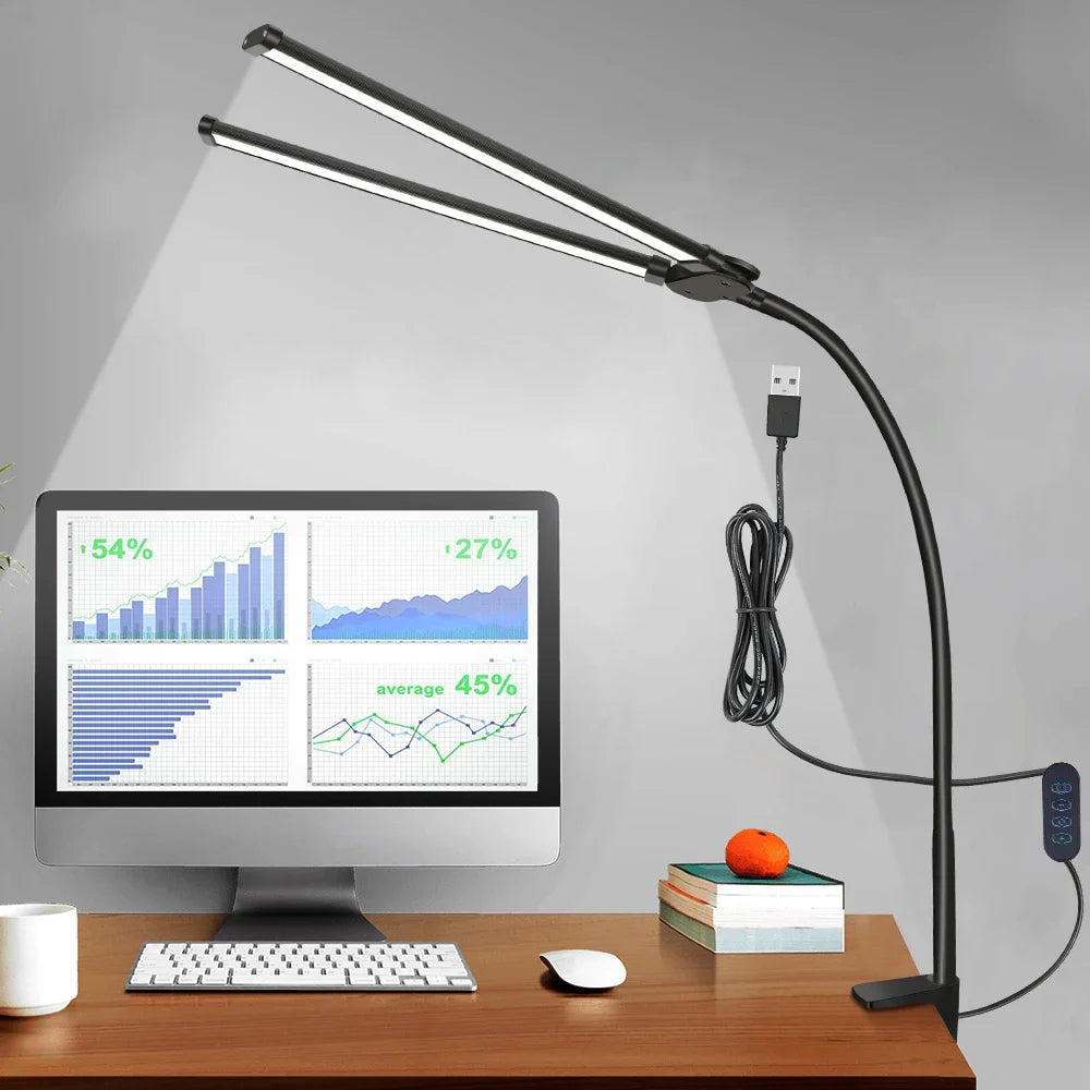 Lámpara de Escritorio LED de Doble Cabezal con Clip, Lámpara de Mesa para Arquitectos, Iluminación para Oficina en Casa, 3 Modos de Color y 10 Niveles de Intensidad, Lámparas de Escritorio con Protección Ocular
