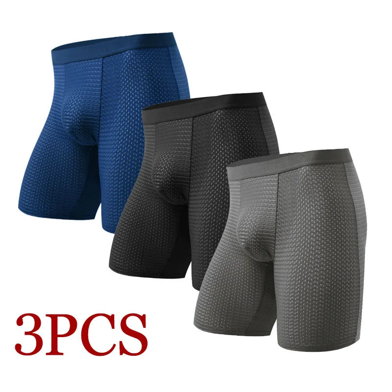 Bóxer de malla para hombre, ropa interior Sexy, Calzoncillos largos, 3 piezas