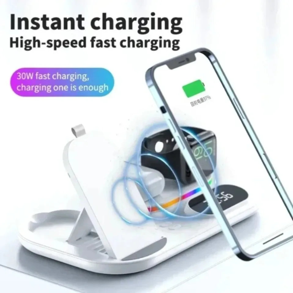 Base de Carga Inalámbrica 4 en 1, Estación de Carga Rápida de 15W para iPhone 12-17, Samsung Galaxy Watch, iWatch, Auriculares Xiaomi