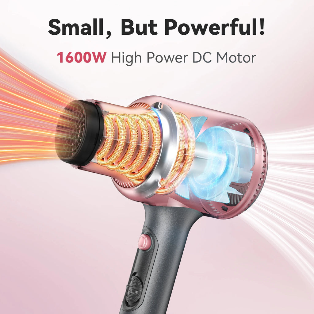 Secador de Pelo Profesional de 1600W con 3 Accesorios, 2 Velocidades de Viento, Secador Iónico de Secado Rápido para el Hogar y Viajes