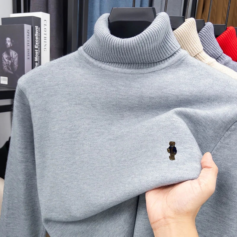 Suéter de Punto de Manga Larga para Hombre, Diseño de Alta Gama, Estampado de Oso, Cuello Alto, Estilo Informal, Versátil, Cálido y Moderno