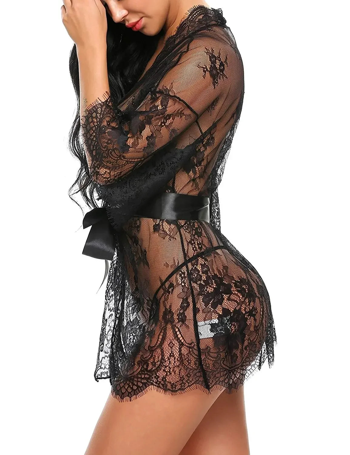 Babydoll Transparente con Cuello en V, Tanga de Encaje para Mujer