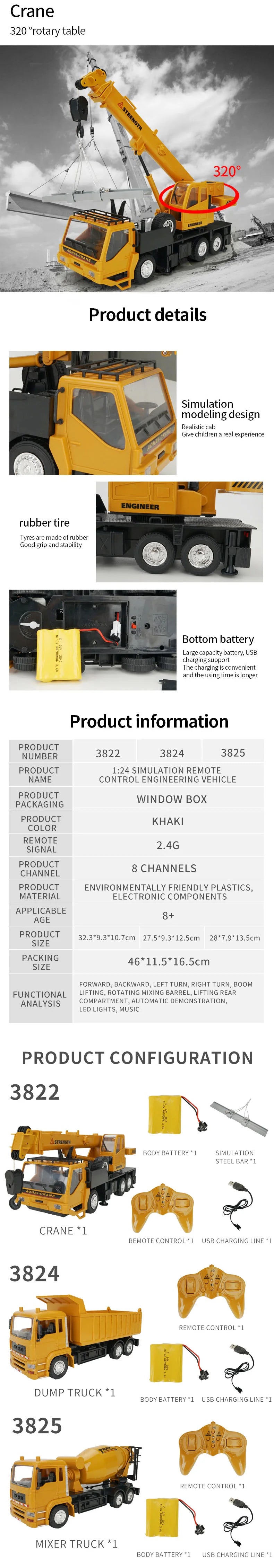 Grúa RC 1:24 Control Remoto 2.4G 10 Canales para Niños