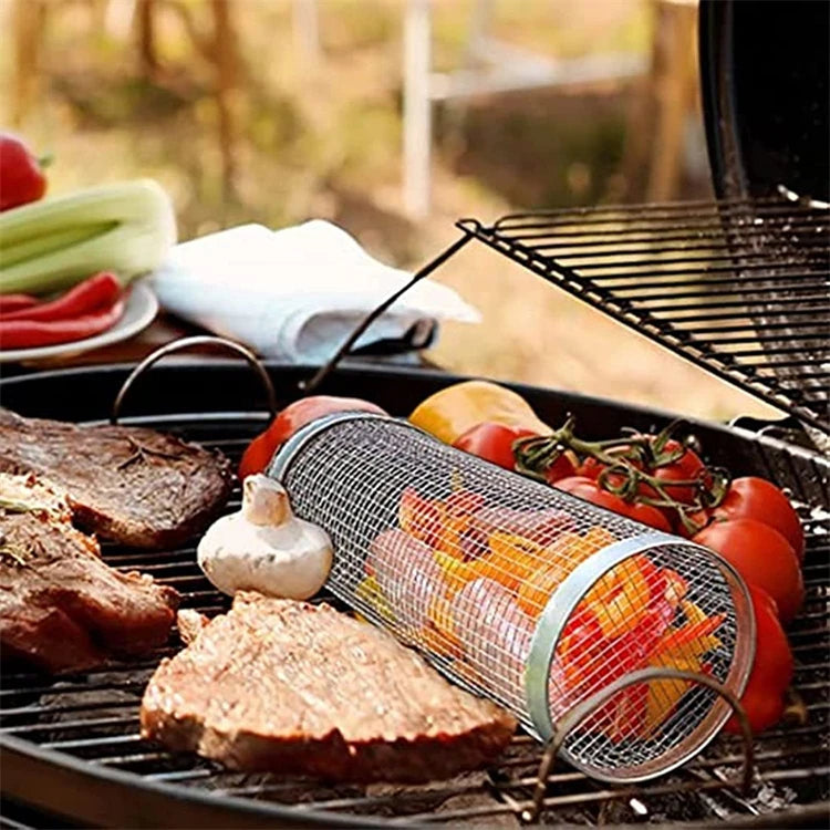 Tubo de red para barbacoa, cesta rodante portátil para asar, cesta cilíndrica de malla de alambre de acero inoxidable para barbacoa al aire libre, Camping JT462