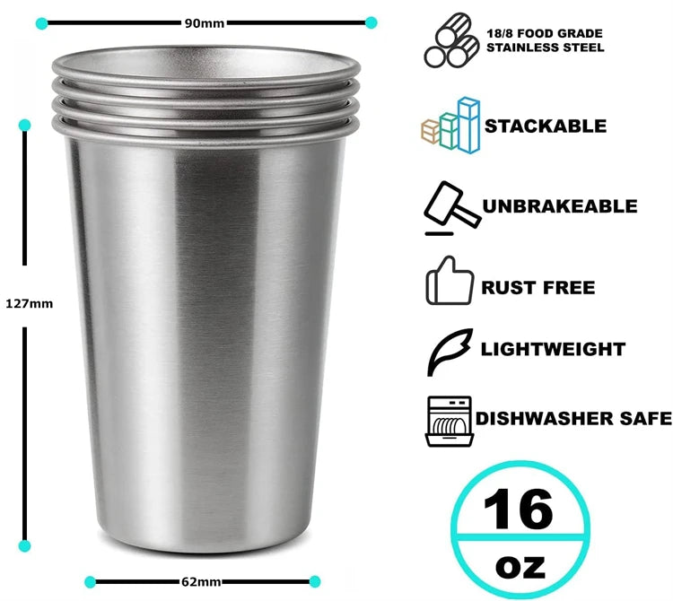 LMETJMA-vasos de pinta de acero inoxidable de 500ML, vasos de agua irrompibles, vasos de Metal reutilizables apilables para niños, viajes JT66