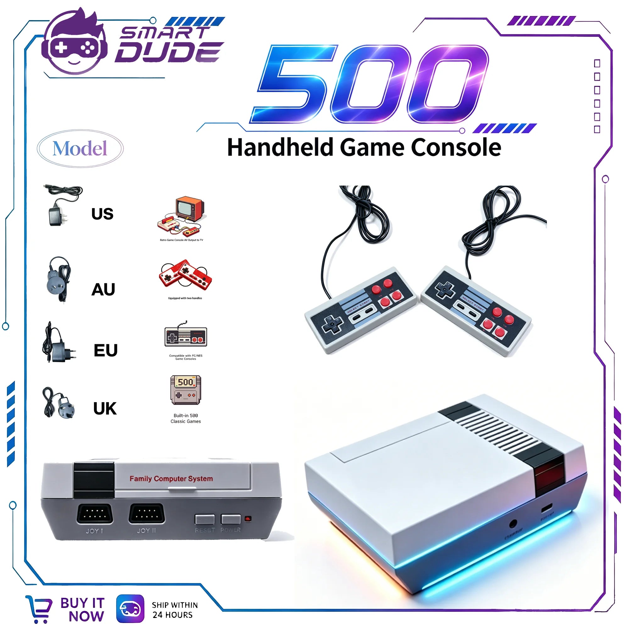 Consola de videojuegos Retro, consola de TV con salida AV, 500 juegos clásicos integrados, mando Dual para FC/ N ES