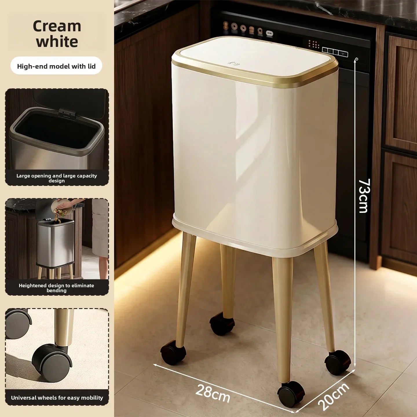Cubo de basura rodante de acero inoxidable con tapa, 15 litros