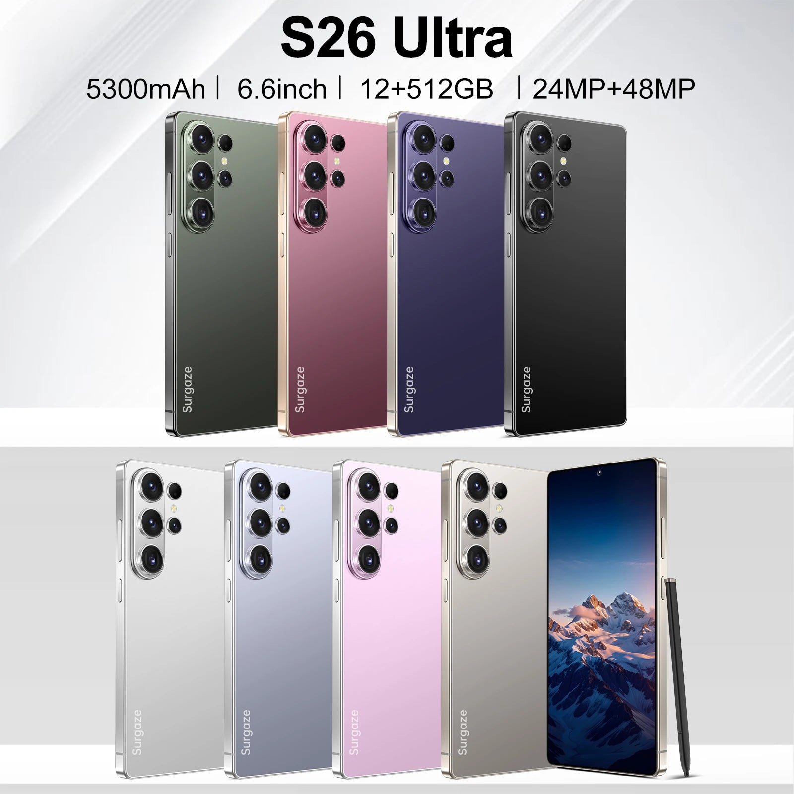 Teléfono Inteligente SURGAZE Versión Global S26 Ultra 5G Android 5300mAH 12GB RAM 512GB ROM 6.6 Pulgadas 24+48MP Red 5G