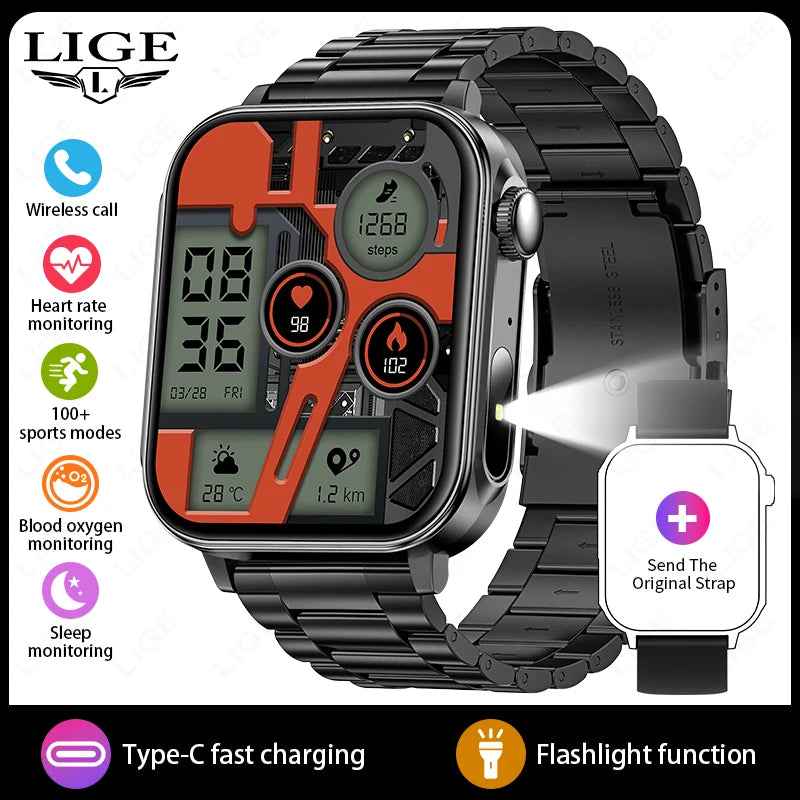 Smartwatch LIGE con llamadas Bluetooth, monitor de salud y carga rápida tipo C