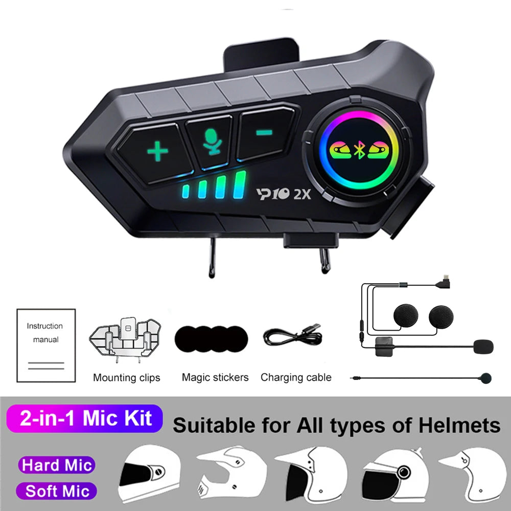 Kebidumei YP10 2X inalámbrico Bluetooth 5,3 motocicleta casco intercomunicador auriculares impermeable 300 m Intercomunicador altavoz auricular