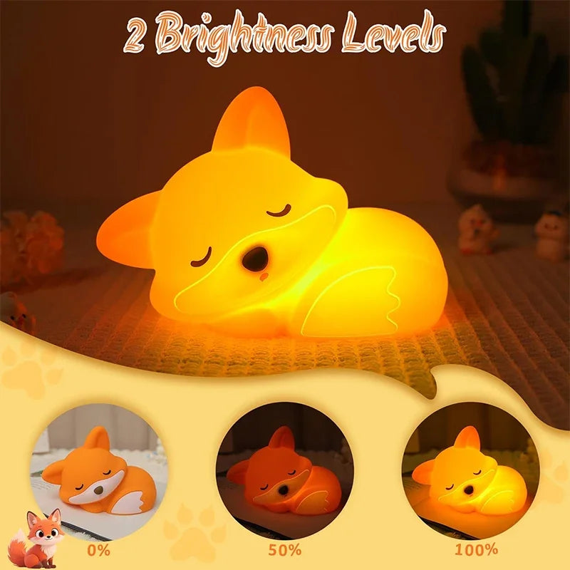 Luz nocturna de zorro, lindos regalos de luz nocturna de silicona para niños, luces de animales con control táctil, temporizador y recargable por USB