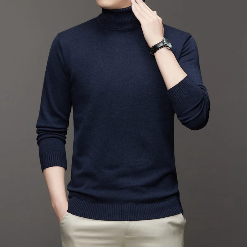 2025 nuevos suéteres de punto para hombre, jerseys transpirables de cuello alto de Color sólido, ropa de calle básica cálida para exteriores, Tops de negocios de otoño