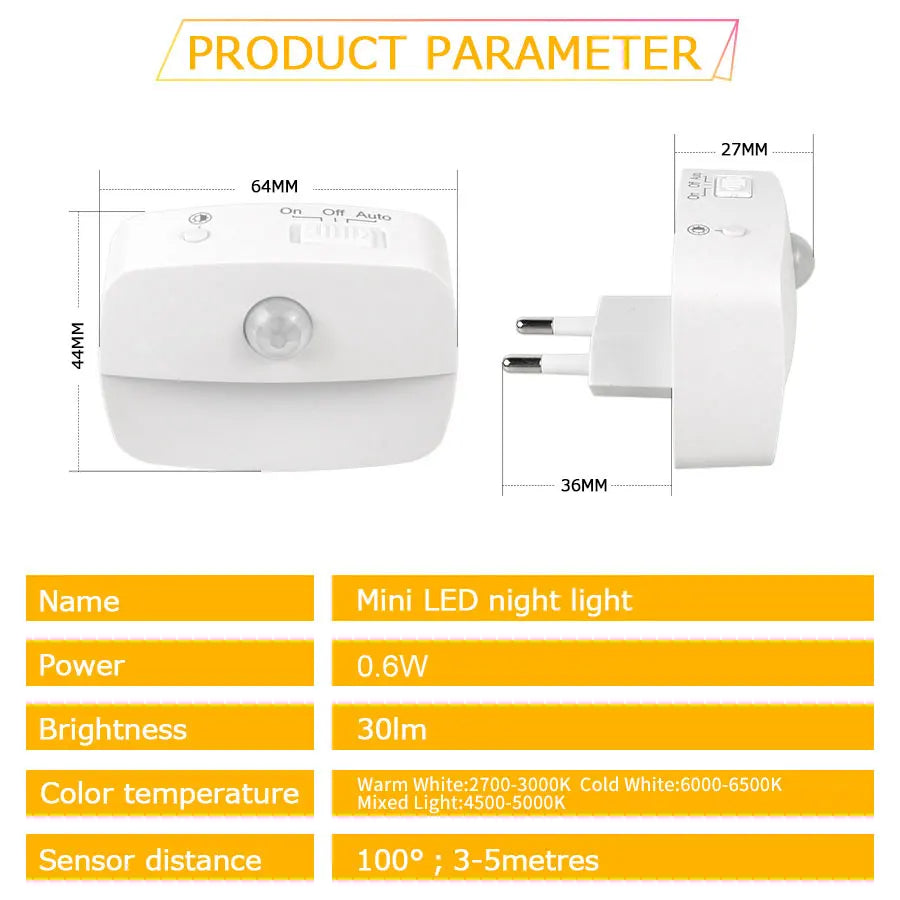 Luz LED Nocturna con Sensor de Movimiento para Enchufe