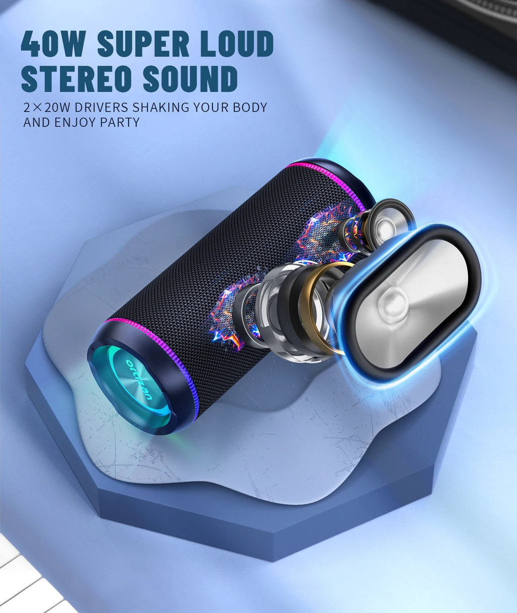 Ortizan X30 Altavoz Bluetooth portátil 40W al aire libre IPX7 impermeable bajo Boost caja de sonido 3-EQ TWS doble emparejamiento BT5.3 luces RGB