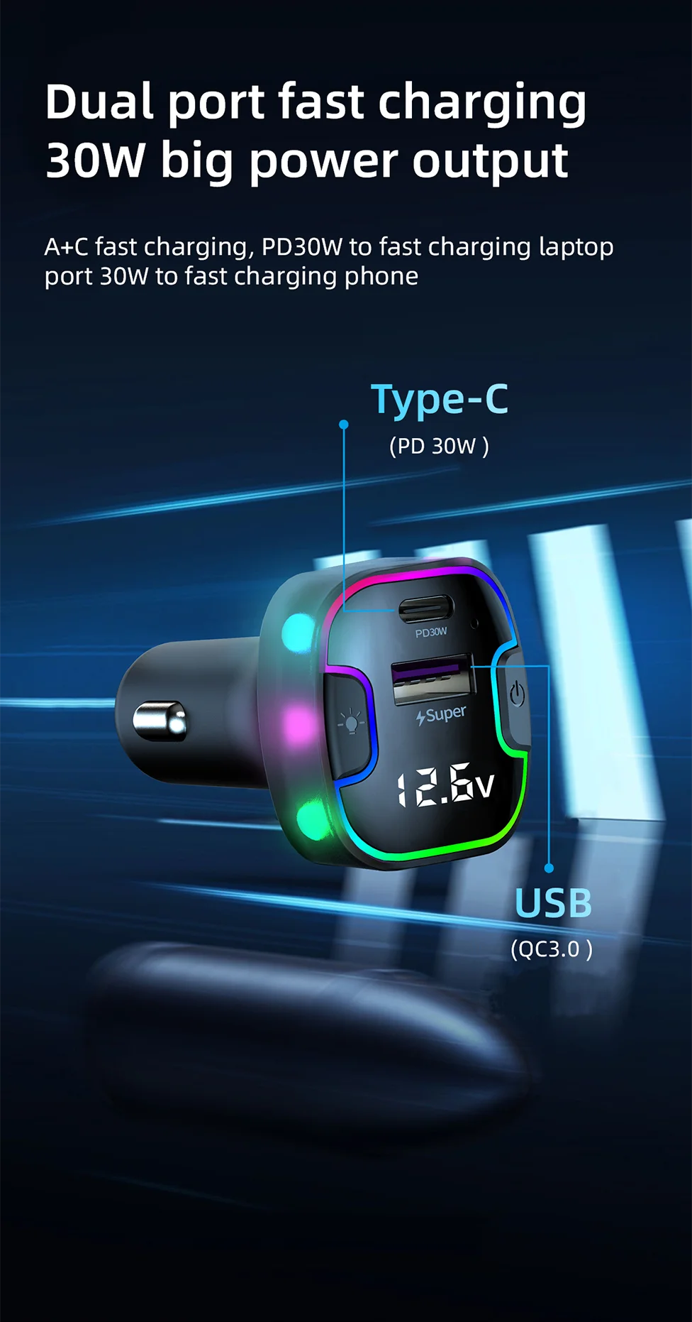 Cargador de Auto PD30W 5 Puertos con USB-C y Extensión para Asientos Traseros