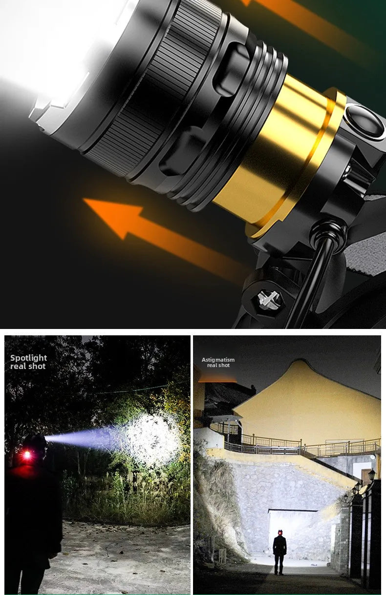 Linterna Frontal LED Recargable 2x18650 con Zoom, para Pesca y Camping
